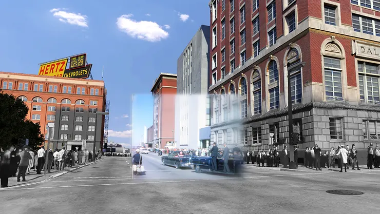 導演Chloé Rochereuil將美國德州達拉斯迪利廣場現在的影像，疊合暗殺當時的照片及錄影紀錄，製作成紀錄片。（圖片來源：https://vrfilmlab.tw/movie/jfk/）