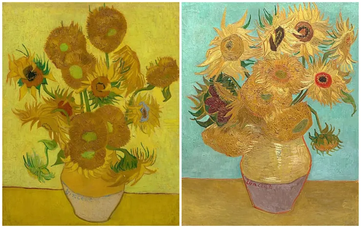 1889年兩幅向日葵(左)花瓶裡的十五朵向日葵,荷蘭 阿姆斯特丹梵谷美術館 (右)花瓶裡的十二朵向日葵,美國 賓州費城藝術博物館