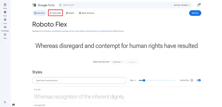要使用「可變字重」功能，進到該字體頁面後，請點選紅框圈選的【Type tester】