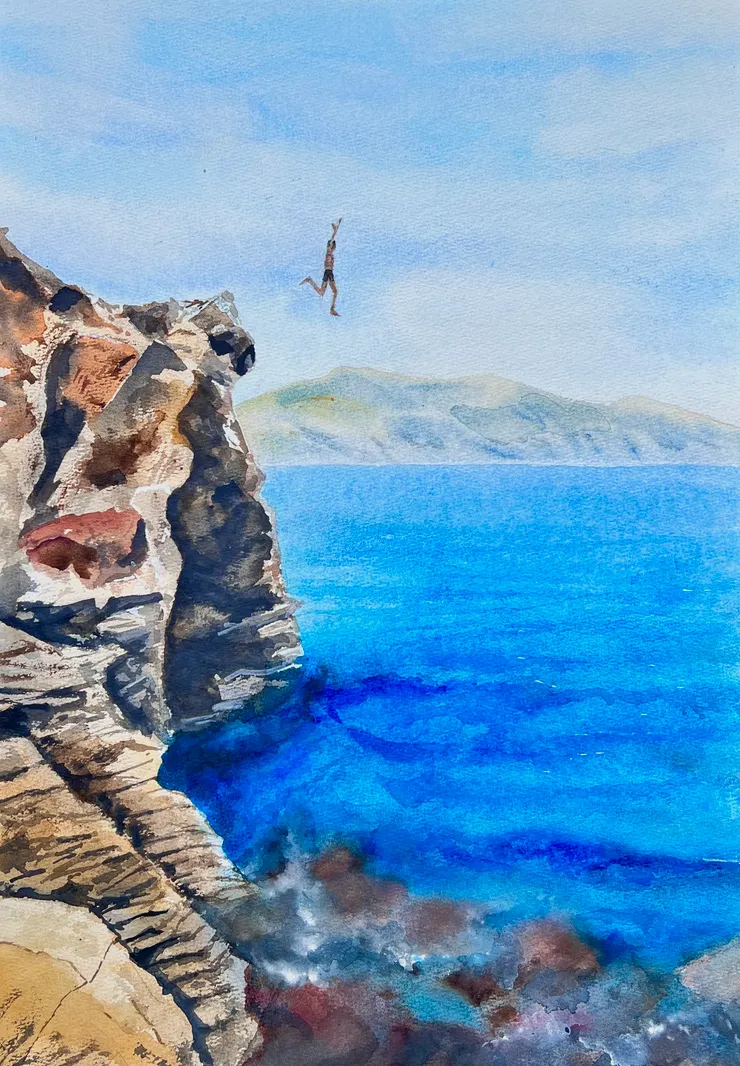 火山湖懸崖跳水圖 水彩畫 54cm x 39cm 作者繪於2023年10月