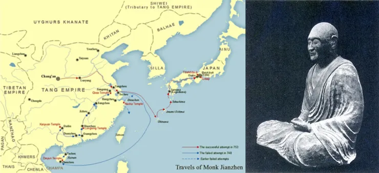 鑒真六次渡海終於成功東行日本宣傳佛教律宗，行跡踏遍半個中國及半個日本，目前奈良仍有留其興建之唐昭提寺