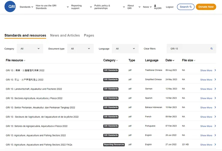 GRI 13 正體中文版已可下載，資料來源：GRI