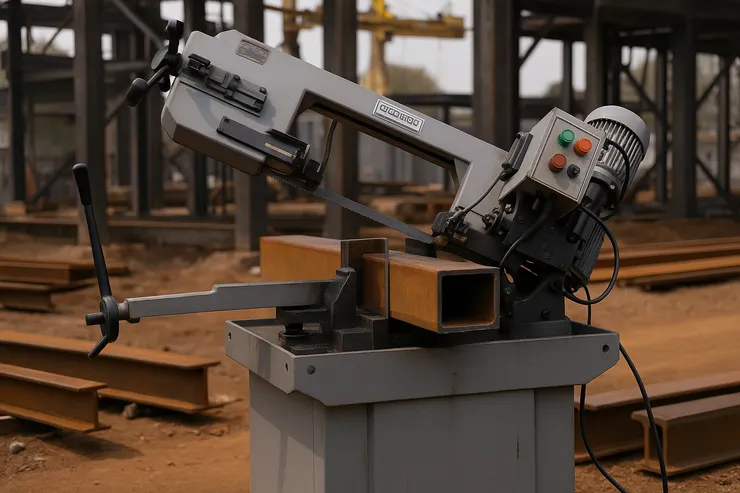 Heavy-duty horizontal band saw cutting steel beams on a construction site