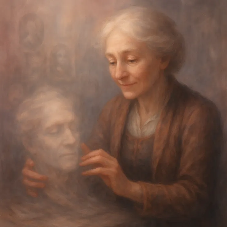 Her workspace was neither dark nor light, but a place where colors bled softly together, a shifting canvas of rose and gray, where shadows whispered secrets to her. 