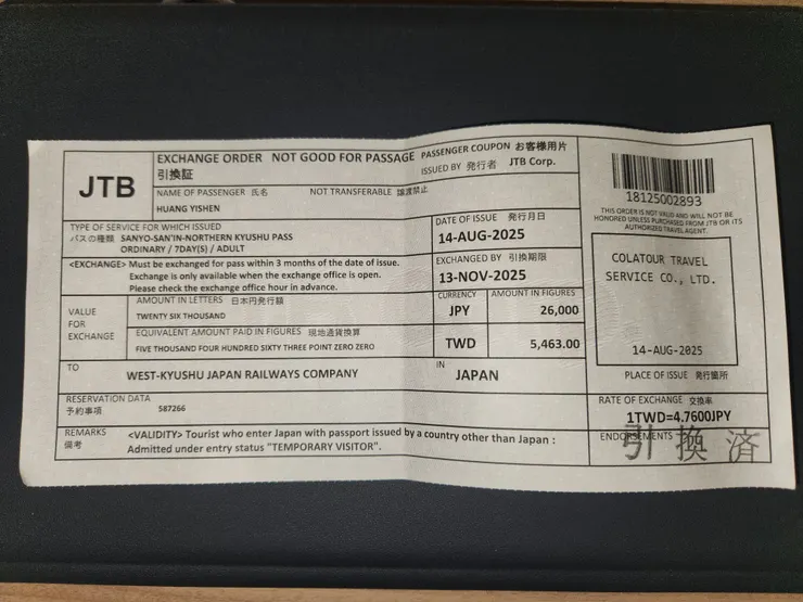 周遊券的紙本兌換券(兌換過的樣子)
