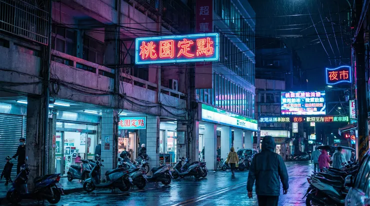 桃園定點茶服務之實證分析:透過在地賽博龐克街景,探討產業生態與風險管理策略。