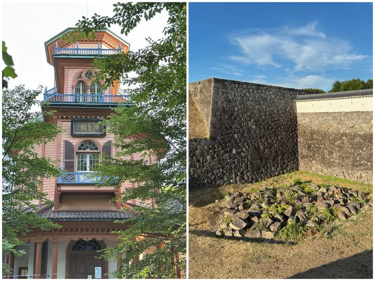 霞城公園內紅色的濟生館和石垣崩落遺跡