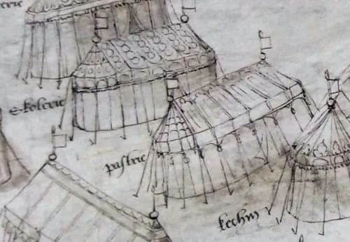 寫著「pastrie」的帳篷正是糕點帳篷,圖片來源:Medieval manuscripts blog /Cotton Roll XIII 41