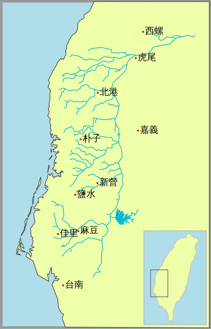 烏山頭水庫與嘉南大圳的主要灌溉水道地圖。
