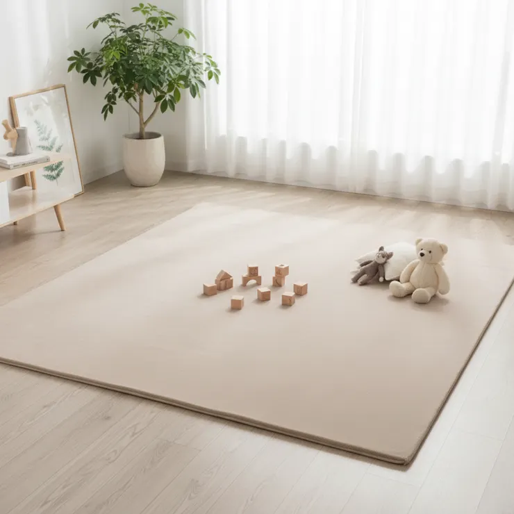 高質感兒童爬行墊融入韓系客廳佈置圖。素色無縫地墊提升家居美感，兼具寶寶遊戲墊的防摔功能。