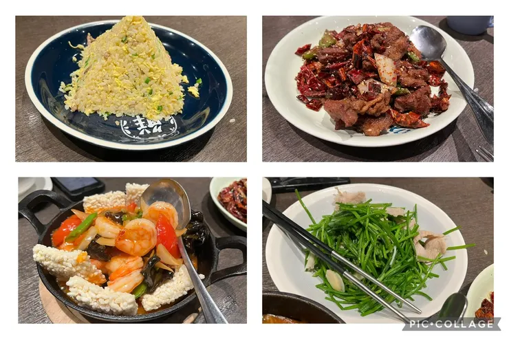 肉絲蝦仁炒飯我沒吃、爆香孜然辣炒羊、鍋巴蝦仁、松阪豬炒水蓮。