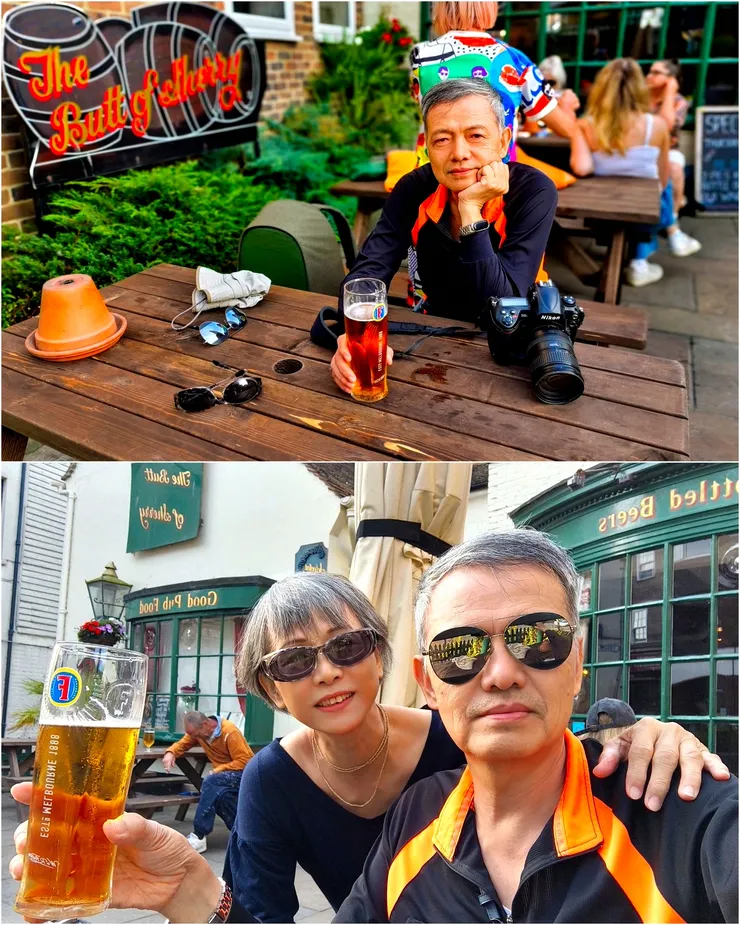 【8/29午後與老妻高街逛得差不多了，到路邊的雪莉桶(Bottle of Sherry體驗一下英式小酒館，點了杯拉格啤酒。】