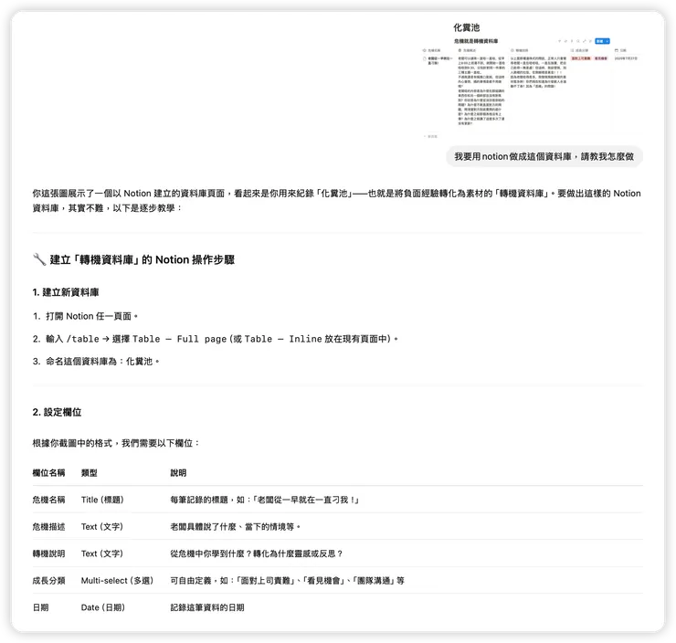 我要用notion做成這個資料庫,請教我怎麼做