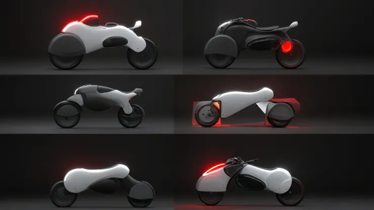 第二次生成效果，Prompt 輸出：Six conceptual motorcycle,at night ,with red light