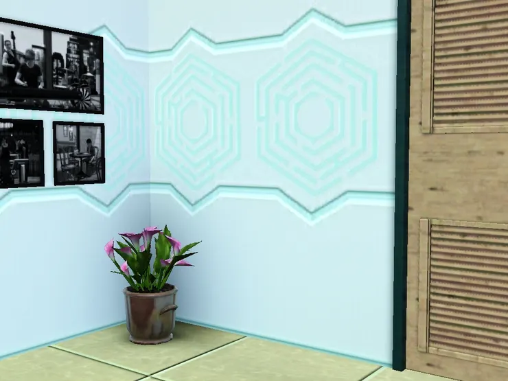 這個樓梯口我設計得比較明亮自然，壁紙有花紋但不會太花巧，讓人眼前為之一亮就好。