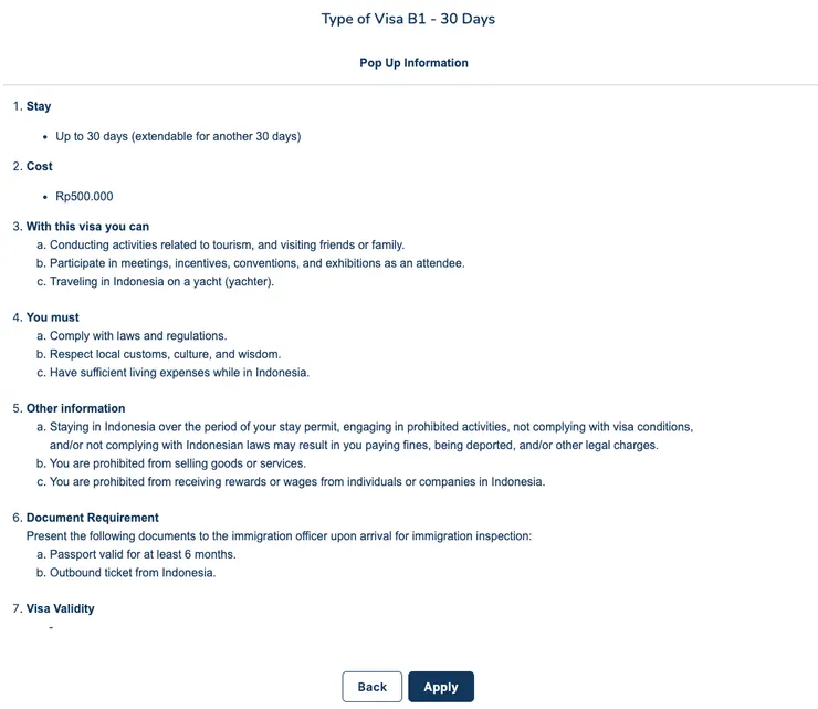 30天，費用50萬印尼盾