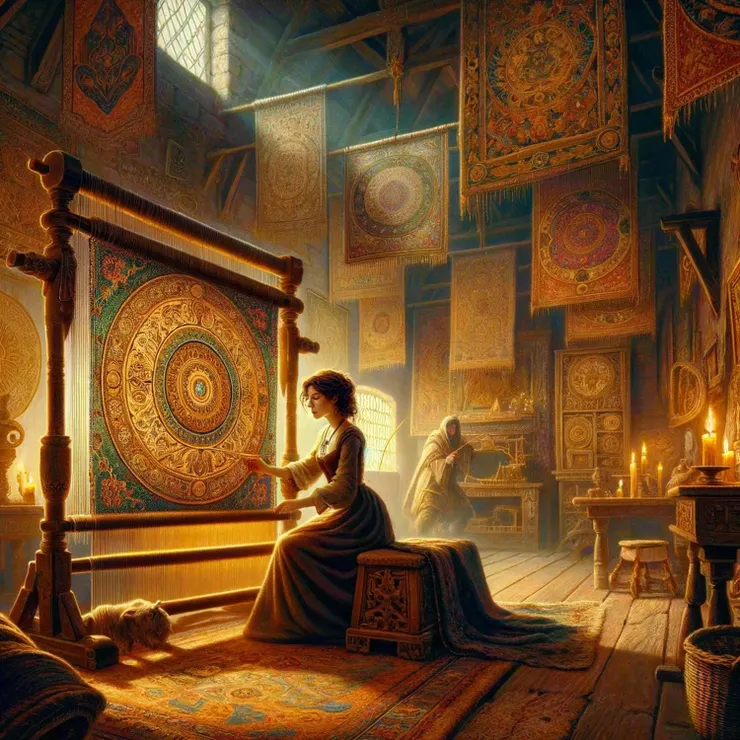 The image should depict a scene inside an old-fashioned, cozy tapestry shop filled with intricate and colorful tapestries hanging on the walls. 