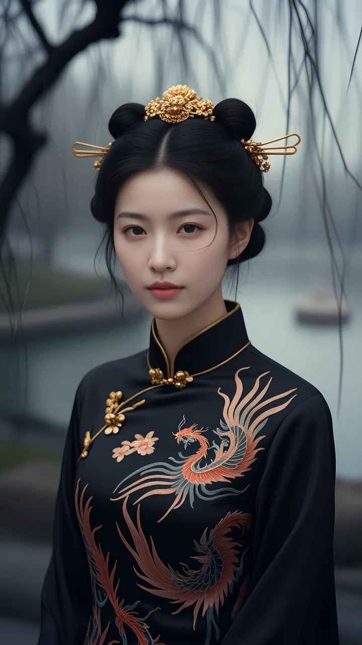 指令：「一個台灣美人，穿著黑色旗袍，上面有金色的鳳凰刺繡。背景是杭州西湖。」