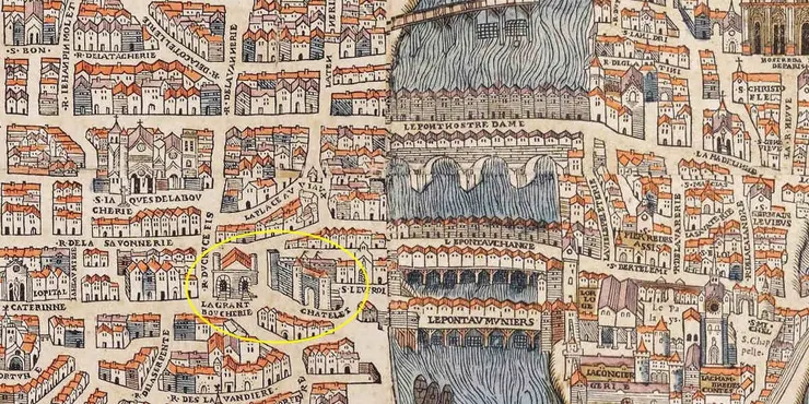 1553年由畫師奧利維耶·特魯謝（Olivier Truschet）與雕刻師熱爾曼·霍亞（ Germain Hoyau）出版的巴黎地圖上，可見在夏特雷（Châtelet）前的皇家大肉舖（La Grande Boucherie）。