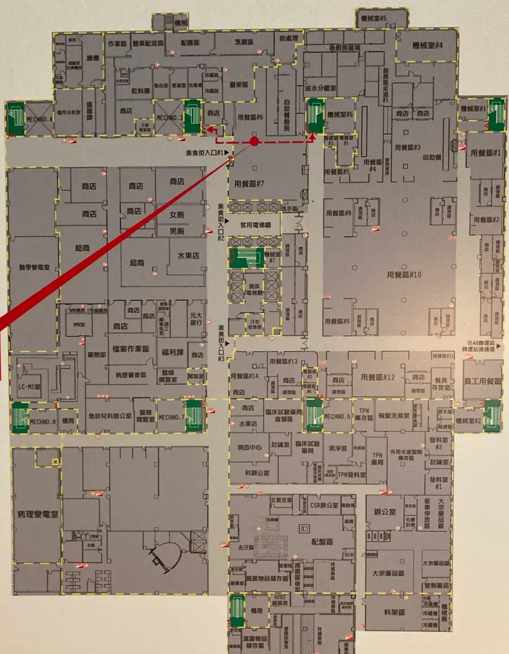 林口長庚醫院B1F逃生避難圖，也是我夢境中基地的市集區地圖