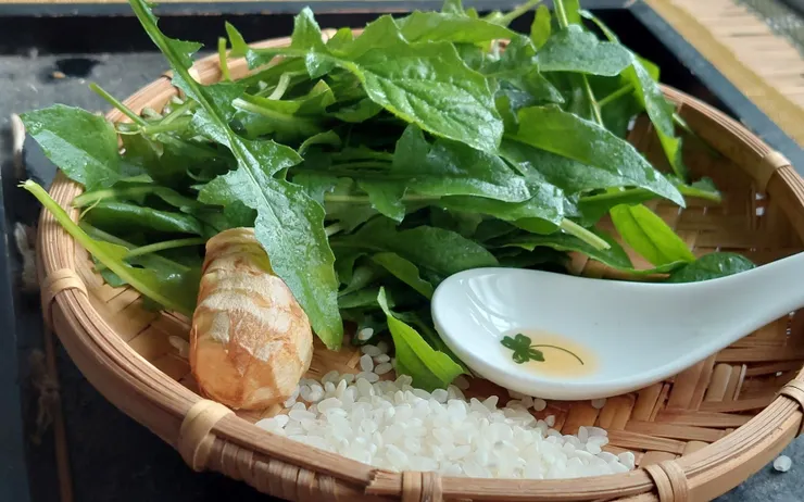 薺菜糝(羹)的材料 : 新鮮薺菜一把、生薑、米、香油少許