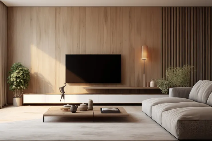 ▲以木皮打造電視牆，呈現木質調的自然氛圍