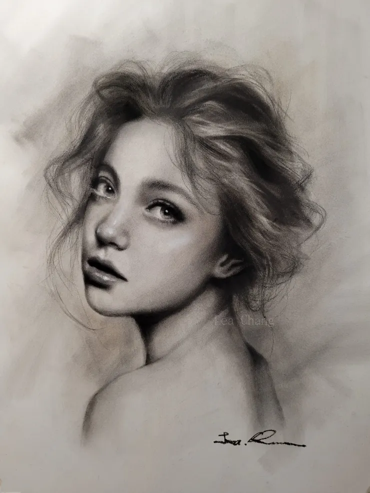 回眸 (媒材:粉彩、炭筆)