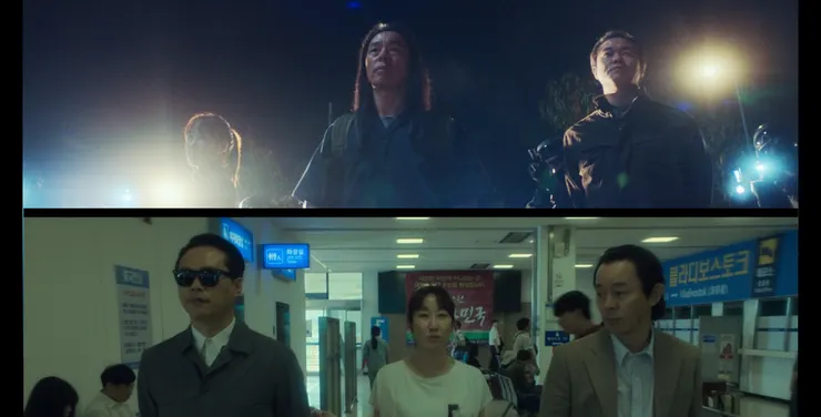 上圖為第十二集三人組前去圍捕金斗植的陣容,由左至右是羅州、蓬坪、鎮川,看起來十足反派。下圖是第十三集三人組出完任務在話家常,由左至右是鎮川、羅州、蓬坪,看起就是凡人,一點也不可怕。(Source: Disney +)