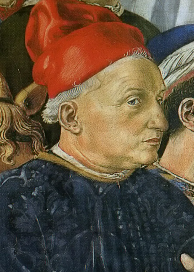 科西莫本人:畫中看來慈祥又和譪可親,實則狡猾且野心勃勃,畫中他是在左下方,選擇以樸素模樣見人,而且是騎著驢子