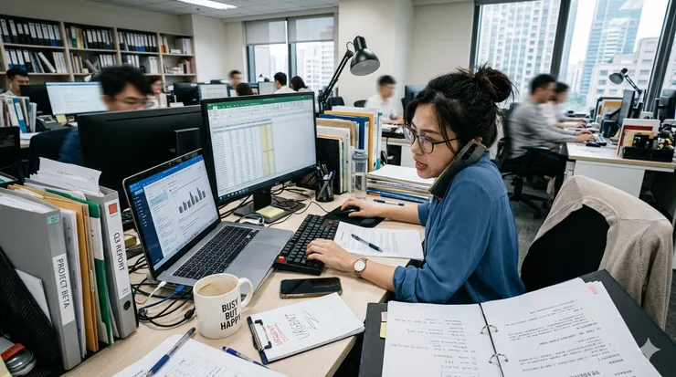 一人多工忙碌的苦命上班族，來源：Gemini產生