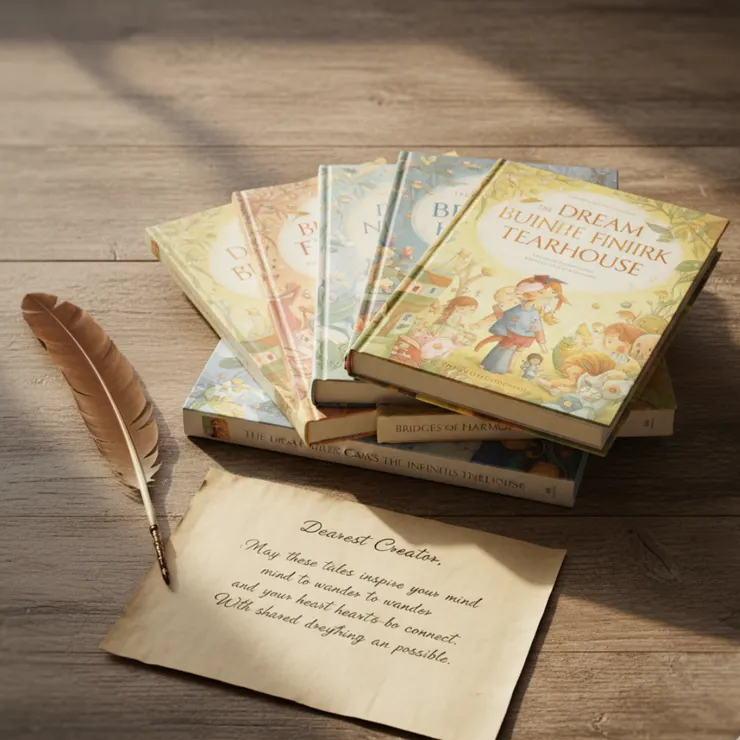 適合學齡兒童的聖誕繪本,討論合作、想像力與信念,旁邊有羽毛筆和信紙,強調深度閱讀。