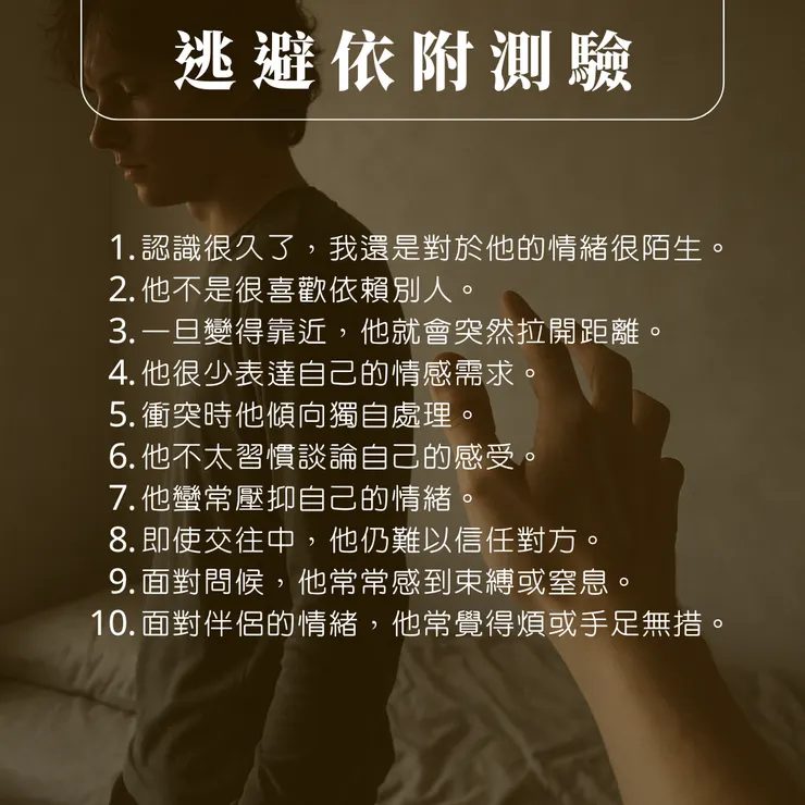 經過彙整的逃避依附測驗，請注意，這個測驗只能夠測量出「你所感受到的對方的逃避依附程度」（perceived），並不能夠完全代表這個人真實的狀況。