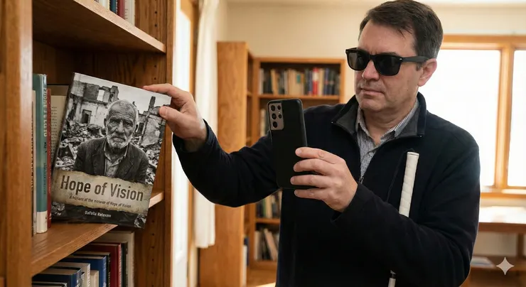 照片是視障者用手機朝向書架上抽出一本封面硬派的書籍