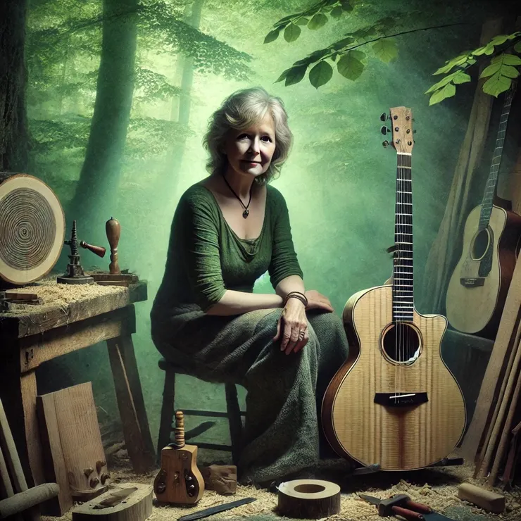 A serene portrait of Jane Harmon, a luthier and musician, in a workshop setting. She is seated, holding a beautifully crafted wooden guitar, surrounded by tools and pieces of wood. The background includes green hues evoking a forest, with subtle light filtering through as if from the canopy above. 