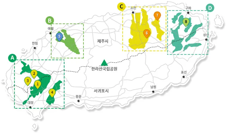 Gotjawal 分布圖，冬柏東山位於 區域7 之中。