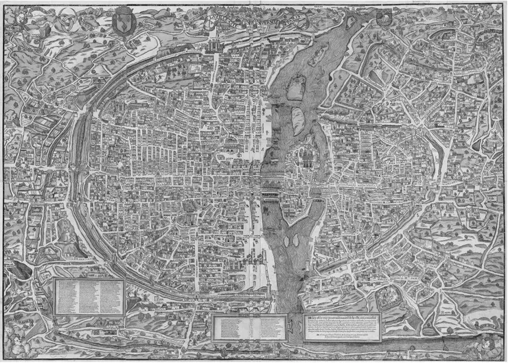 1553年的巴黎地圖,圖中最顯眼的大橢圓形即包圍城市的查理五世城牆,羅浮宮在橢圓形的底部,靠近塞納河畔。(圖/原點出版《羅浮宮800年》)