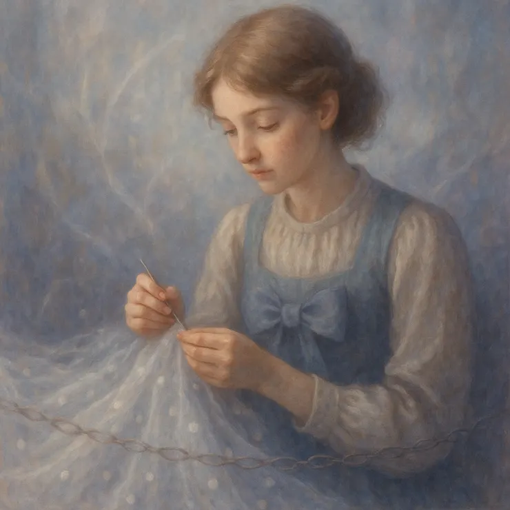 Jane worked carefully, stitching whispers of forgotten lullabies into translucent fabrics, embroidering the half-remembered laughter of children into lace-like patterns, and tying them gently with muted ribbons of gray and blue.
