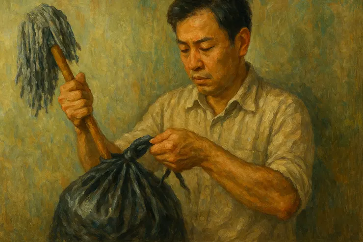 拖把被塞进了黑色垃圾袋准备丢弃_梁练伟的右脑小说插图