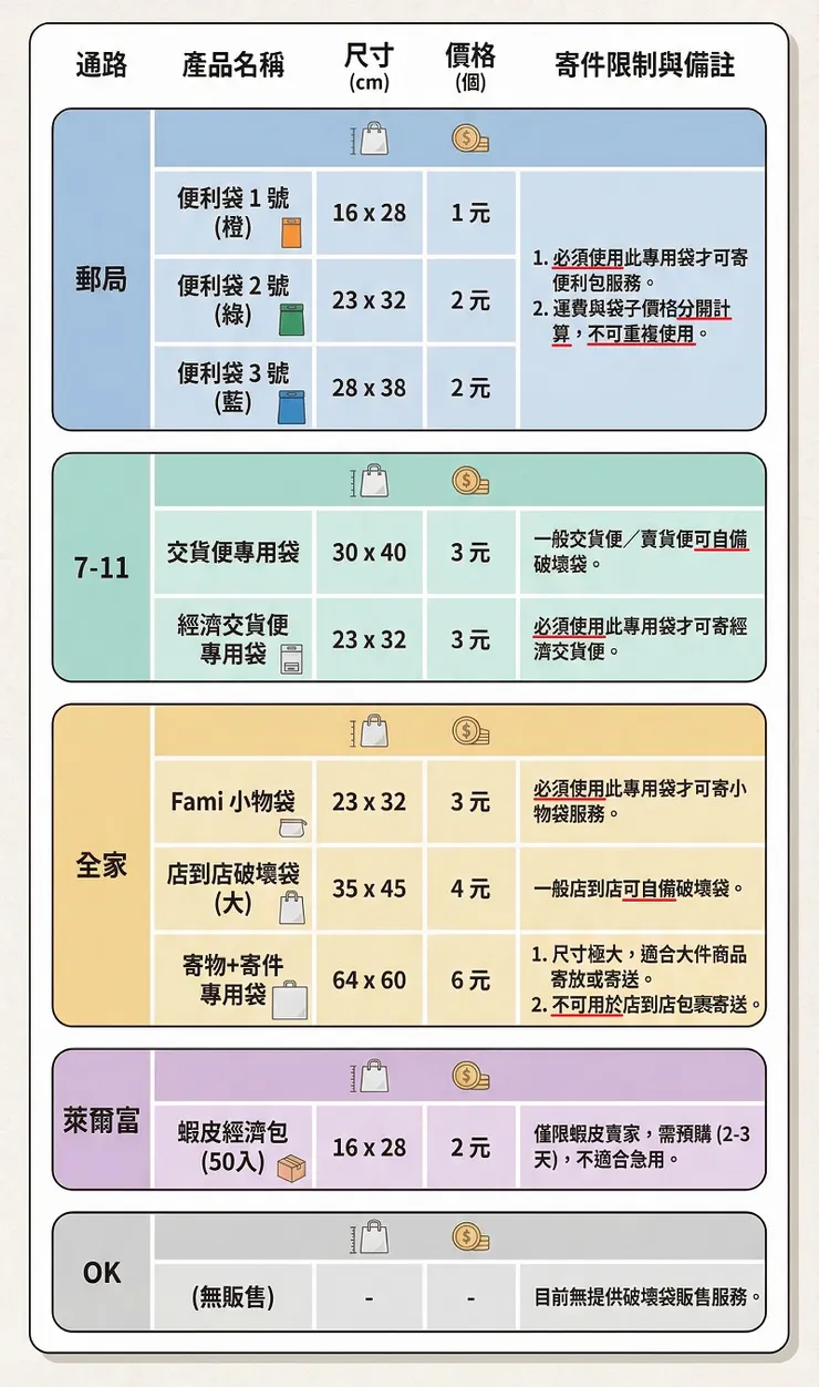 台灣實體通路破壞袋購買與寄件規範速查表：完整整理郵局便利袋、7-11 交貨便、全家 Fami 小物袋、萊爾富蝦皮經濟包之尺寸、價格與寄件限制。