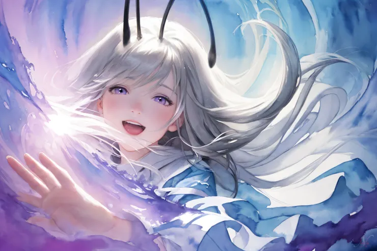 一簇簇閃爍在水面上的陽光破散粼粼,她倒映其上的可愛笑臉跟著搖晃輕舞。