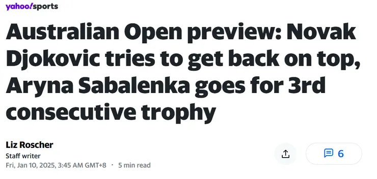 圖片及新聞英文原文出處https://sports.yahoo.com/australian-open-preview-novak-djokovic-tries-to-get-back-on-top-aryna-sabalenka-goes-for-3rd-consecutive-trophy-193436967.html