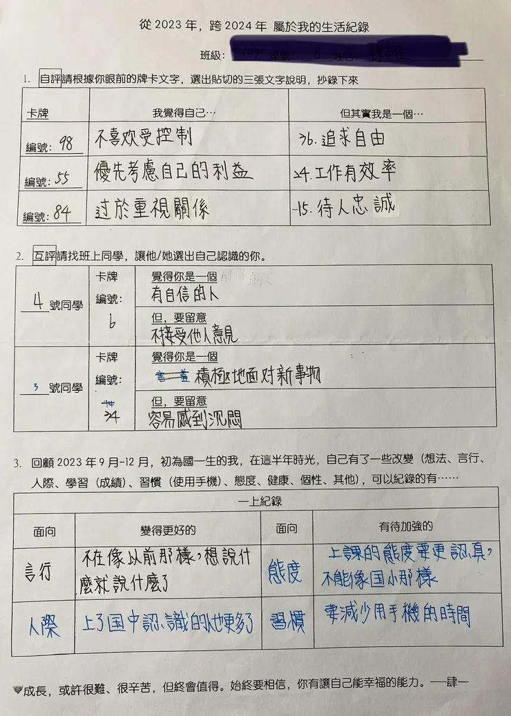 你是一個勇於嘗試新事物且善於助人的人，面對同學的表現，你也都能適時地給予鼓勵，謝謝你為班上帶來善的循環。期許你將善的特質，以及對於有興趣的事物的堅持呈現，放進課業的學習準備裡，提升對課業的興趣，加強自己準時完成課業的鼓勵，讓自己成為一個更好的學習者與有智慧的施予者。