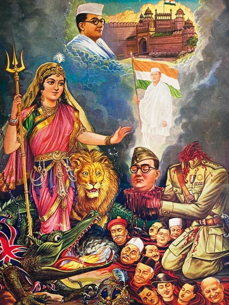 1940年代的印度海報，象徵獨立烈士為“婆羅多母親“（祖國）”獻上性命,圖中祭上人頭者，為鮑斯。