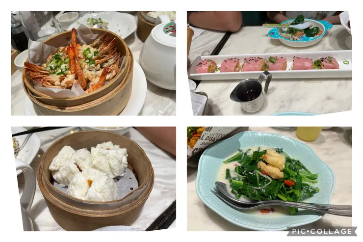 蒜蓉蒸海蝦、網皮鮮蝦腸粉、叉燒包、豆漿蟹肉炒時蔬。