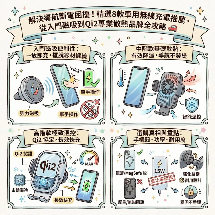 解決導航斷電困擾!精選8款車用無線充電推薦,從入門磁吸到Qi2專業散熱品牌全攻略 🚗
