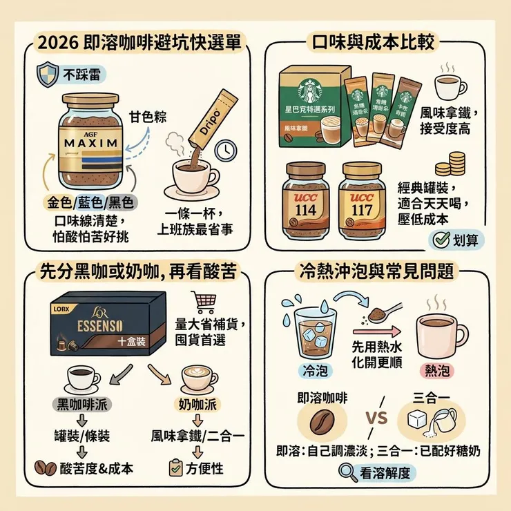 【即溶咖啡推薦】2026 怕酸怕苦怎麼挑☕ Dcard、PTT 常比 5 款黑咖啡與拿鐵款