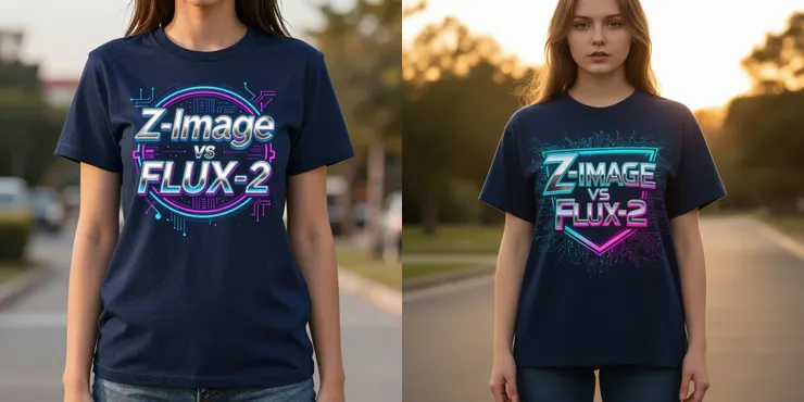 Prompt: A full-body shot of a young woman wearing a dark blue graphic T-shirt. The chest features a large, stylized retro-futuristic emblem where the text "Z-Image vs FLUX-2" is clearly displayed in glowing chrome gradient letters with cyan and magenta neon outlines, surrounded by digital circuit patterns. Golden hour natural light. (左：Z-Image-Turbo 右：FLUX-2 [dev])
