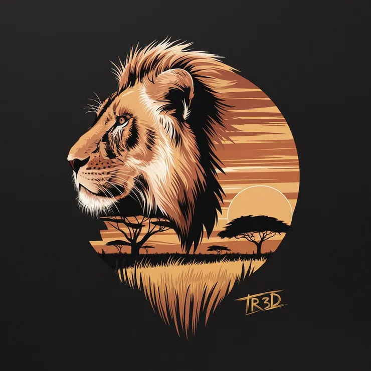 A dramatic illustration by Tr3D featuring a powerful African lion in profile on a deep black background. The lion's thick mane merges into a vibrant savanna at sunset. The mane extends into golden grasslands and acacia trees silhouetted against a sky filled with rich orange and pink hues. The contrast between the warm tones of the savanna and the dark background highlights the lion's regal tranquility. The artist's signature is carefully positioned in the lower right corner, blending with the landscape tones yet visible on the black backdrop. The artwork is signed "Tr3D" at the bottom right.