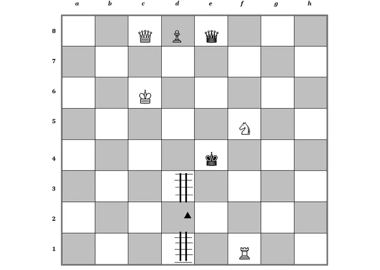 棋盤十四﹕愛麗絲走d7-d8﹔白棋皇后走 h5-e8﹔紅棋皇后走 h5-e8。