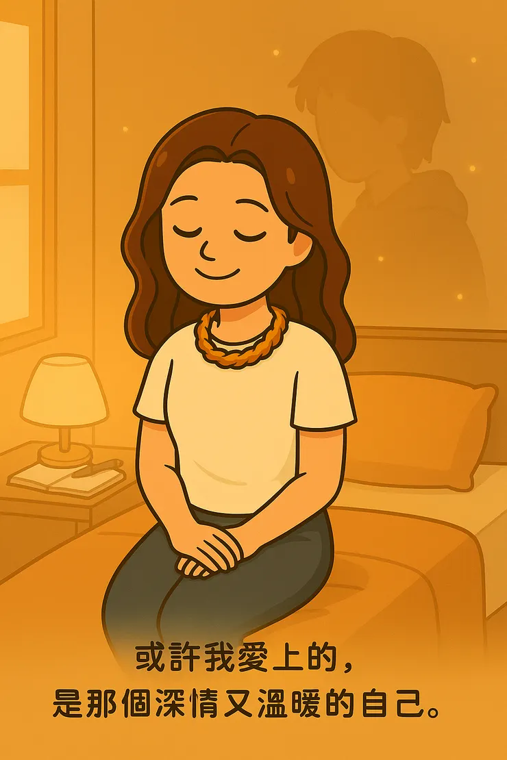 清晨的光灑進房裡,她笑著回想那個夢。 床邊的小燈與筆記本還在, 像提醒她——那個深情又溫暖的自己, 其實一直都在。